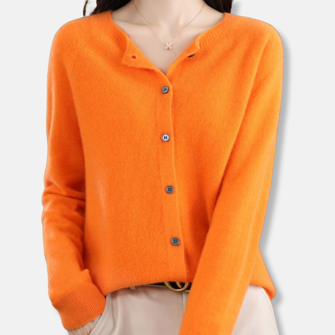 Women's merino wool cardigan regular fit button-front ribbed knit sweater in classic neutral tone