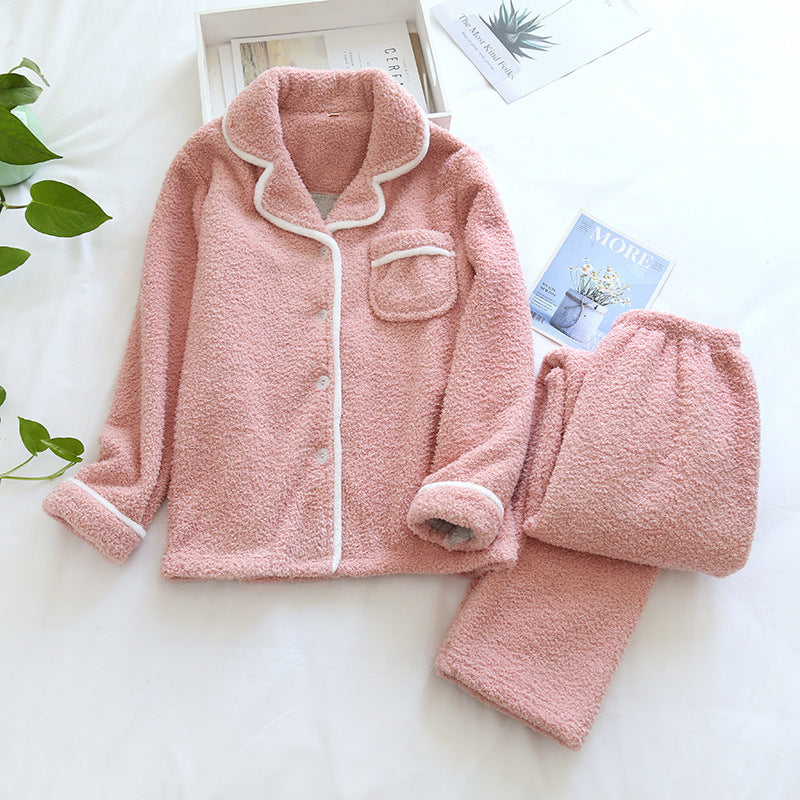 Women's relaxed fit collared button-front pajama two-piece set, plush winter loungewear in classic style