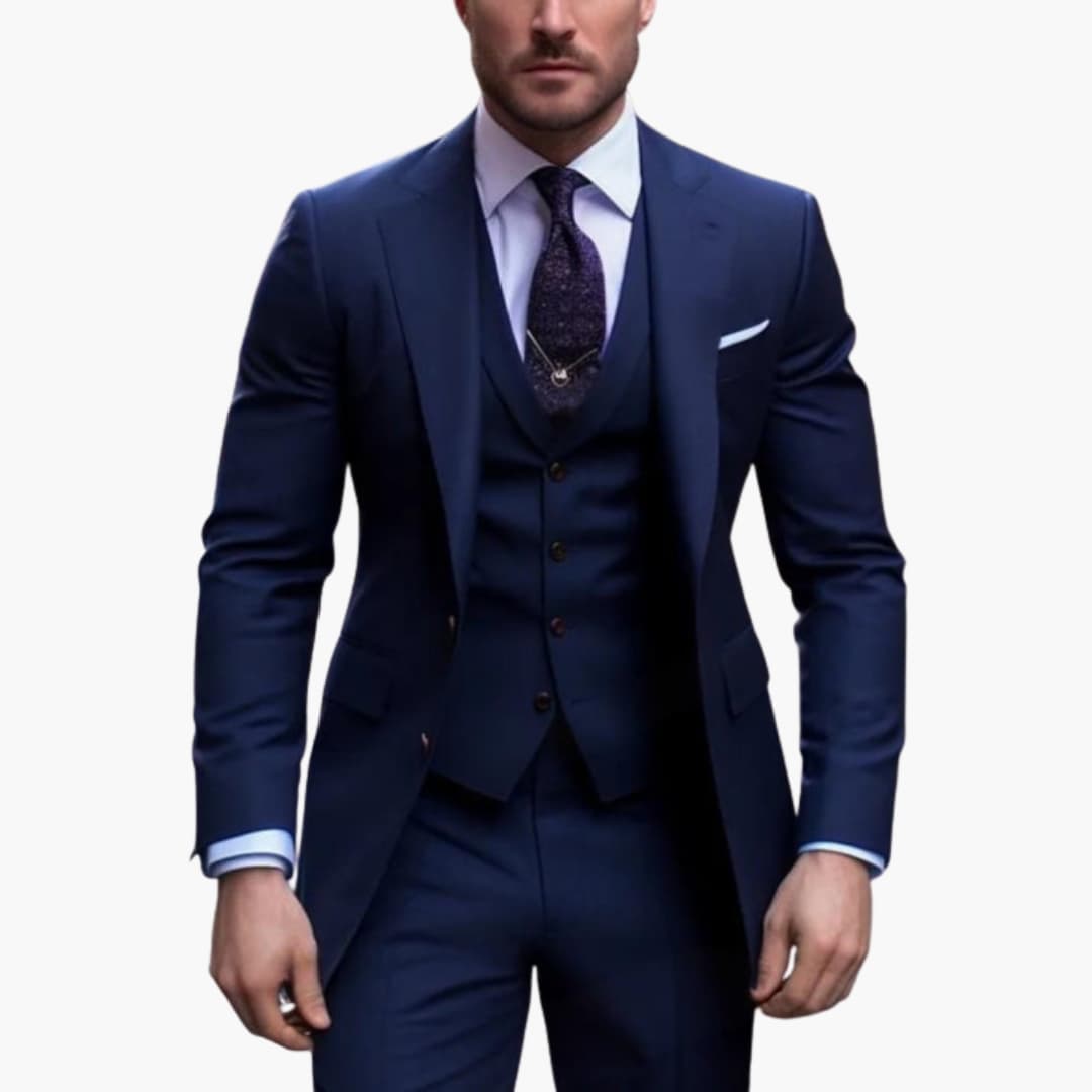 Men's charcoal three-piece formal suit set with two-button jacket, vest, and tailored pants