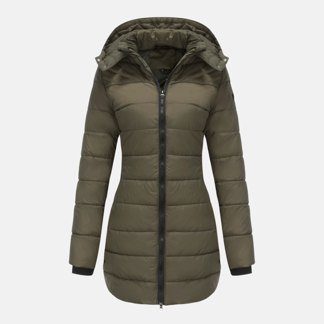 Women's mid-length quilted puffer jacket with detachable hood and ribbed cuffs for cozy winter warmth
