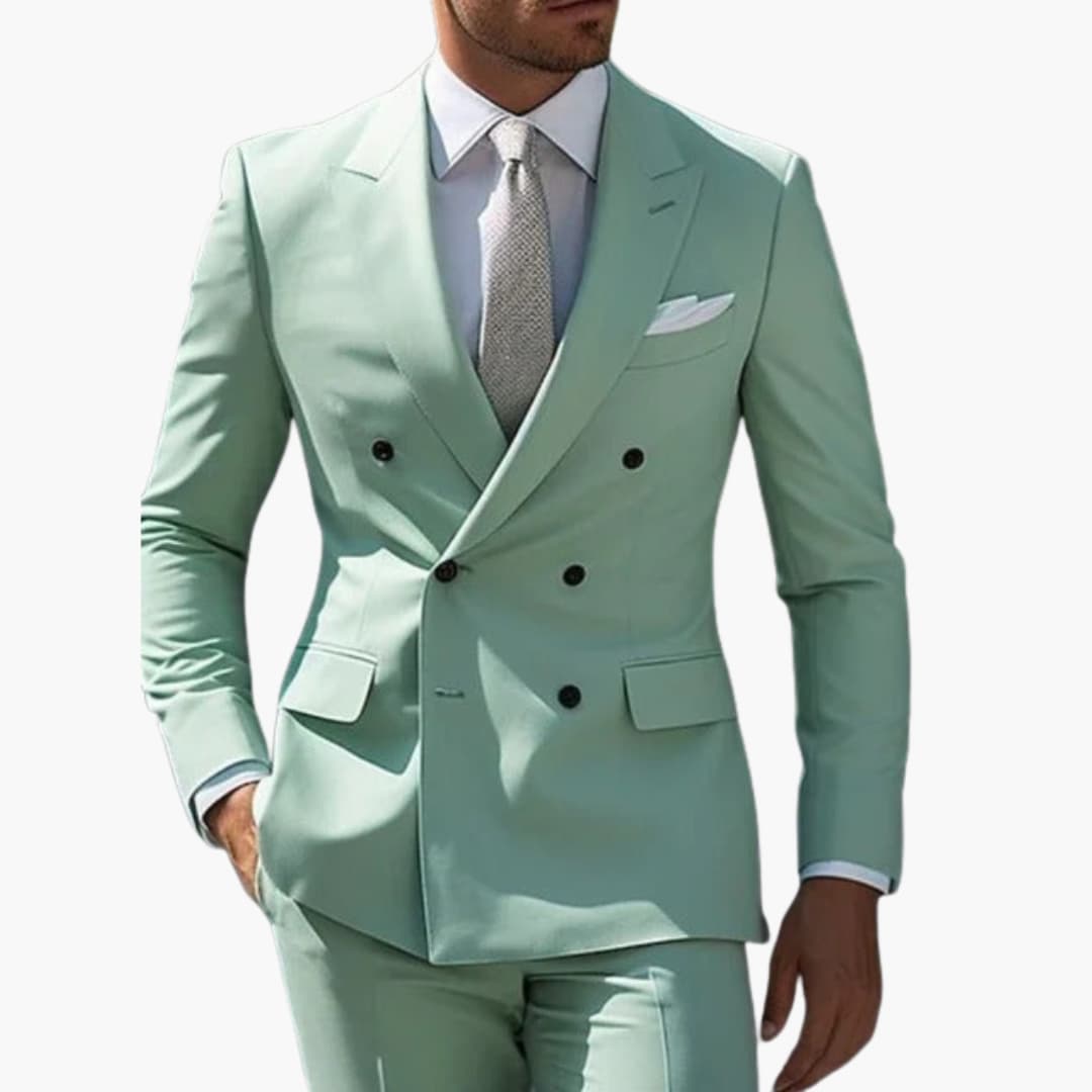 Men's navy double-breasted slim fit suit, peak lapel, six-button structured jacket for formal events