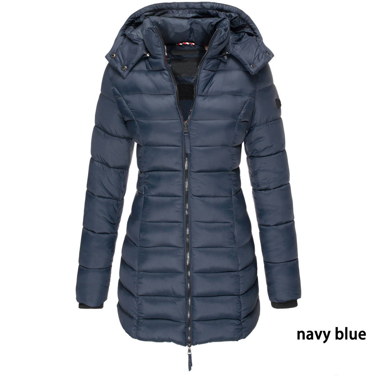 Unisex long quilted puffer jacket with hood, lightweight insulation, sleek streamlined fit for cold weather
