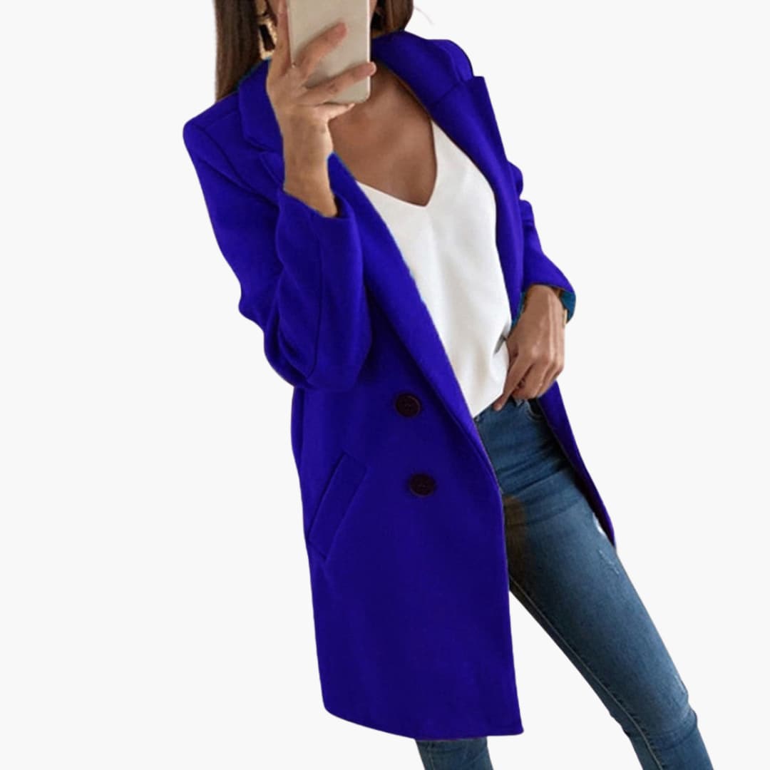 Women's long sleeve button-front coat with fold-over collar, cozy lined interior and side pockets