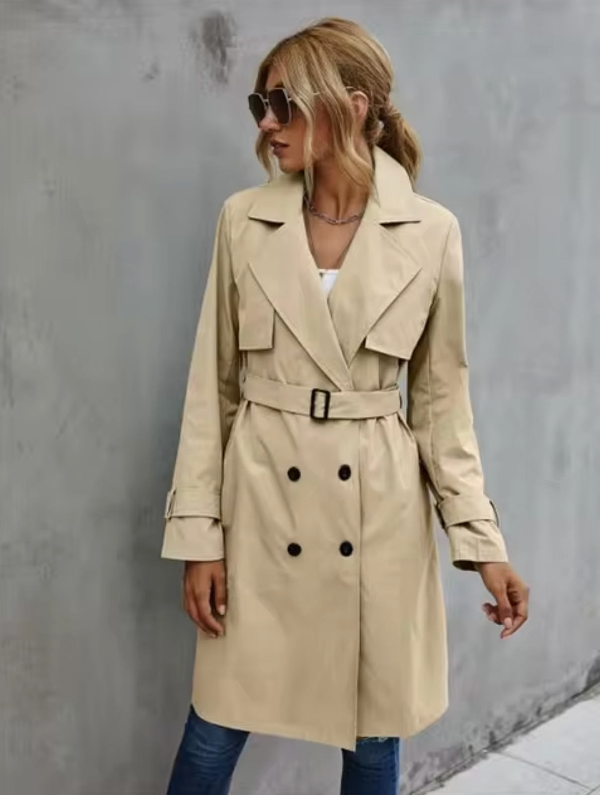 Women's double-breasted belted trench coat classic tailored silhouette with structured button-front detail