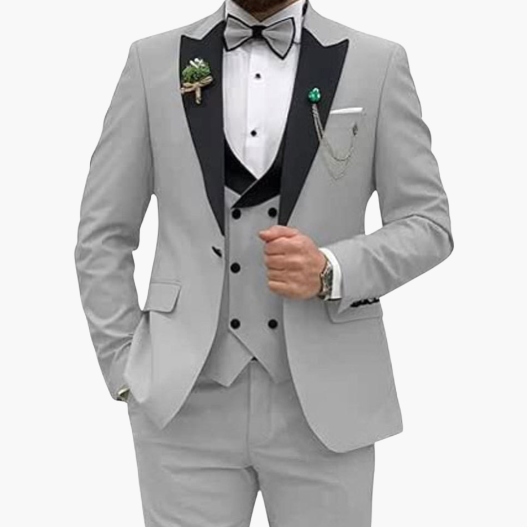 Men's slim fit three-piece suit navy contrast lapels single-breasted jacket vest trousers formal wedding