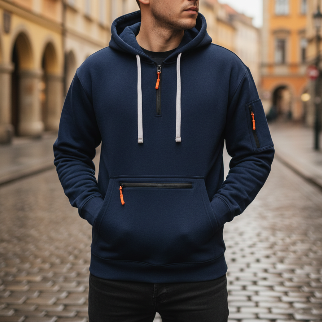 Men's technical outdoor hoodie with adjustable hood, kangaroo pockets, chest pocket, and contrast zip