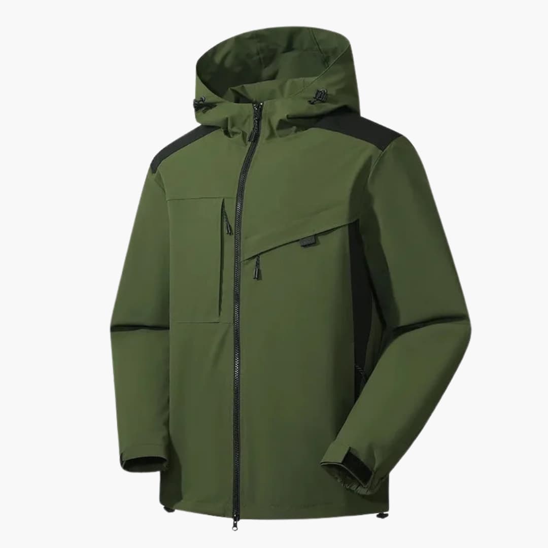 Men's water-resistant ski jacket with hood, zipper pockets, adjustable cuffs, streamlined winter fit