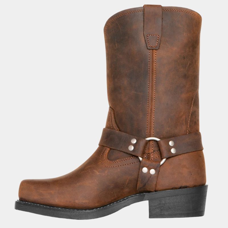 Unisex mid-calf cowboy boots brown PU leather-look pull-on Western style durable everyday wear