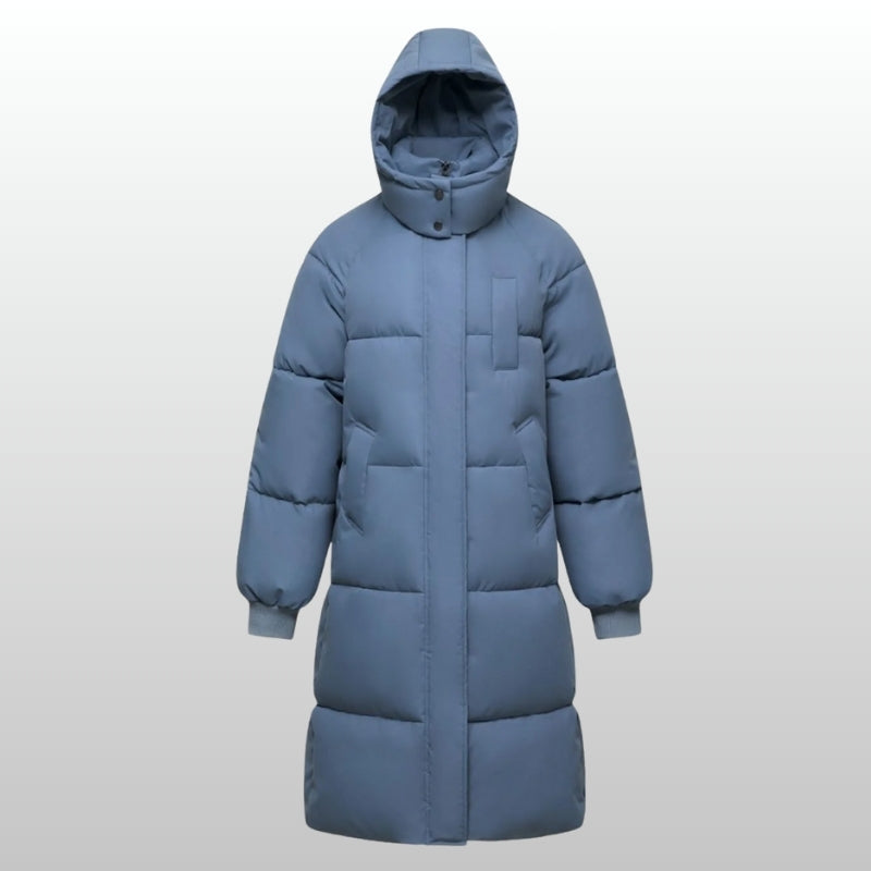 Women's long puffer jacket water-repellent fleece-lined pockets flattering silhouette winter coat