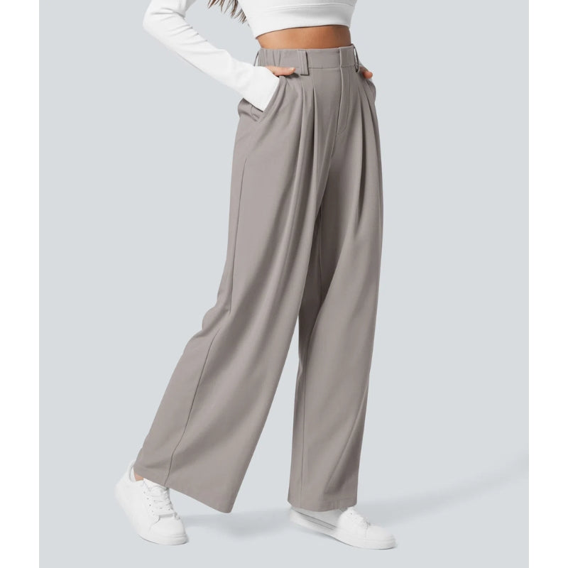 Women's high-waisted waffle knit wide-leg pants relaxed silhouette stretch comfort workwear trousers
