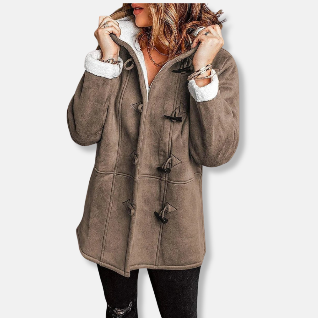 Women's mid-length fleece hoodie jacket with toggle closure, relaxed fit for cozy warmth