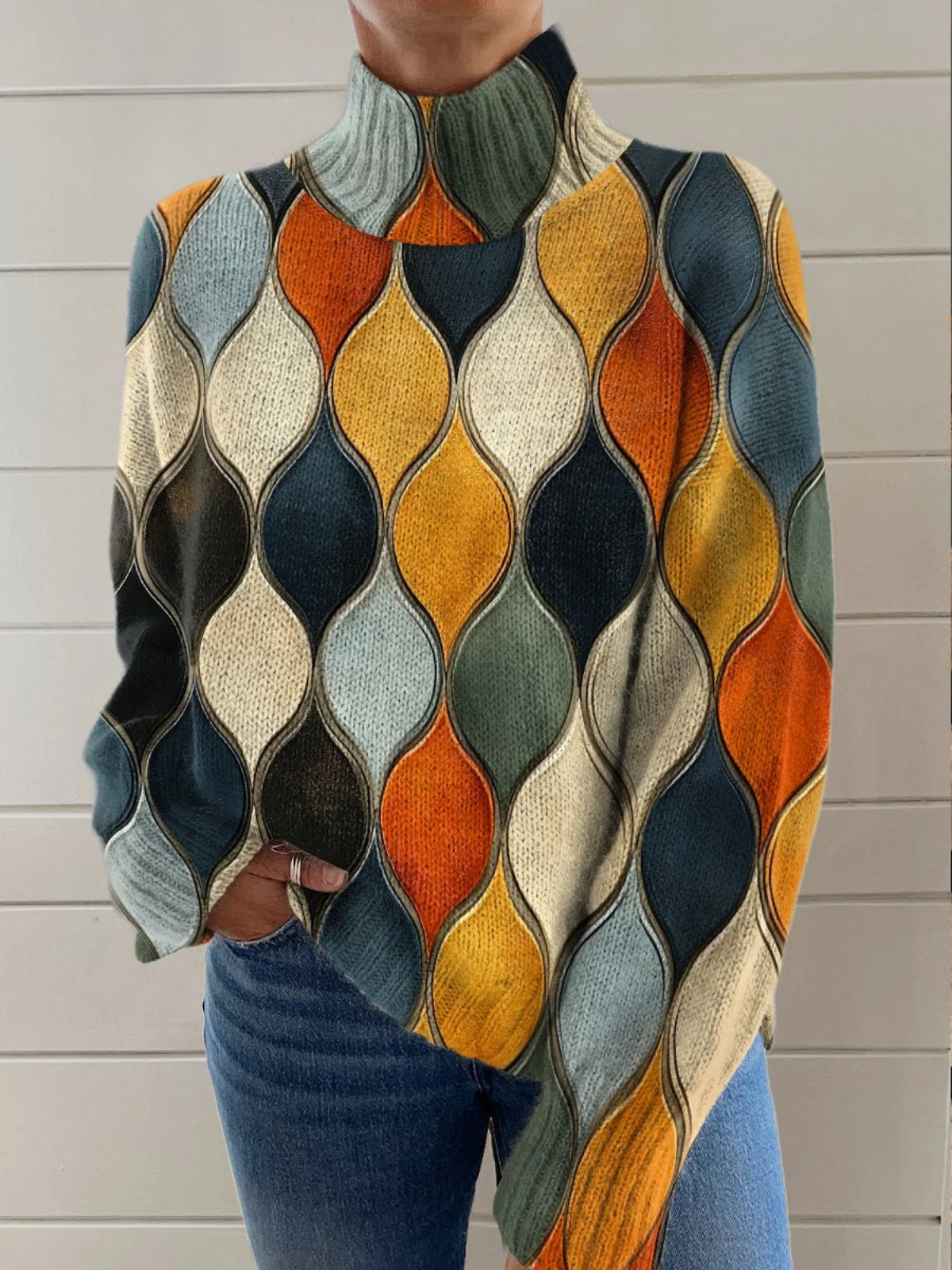 Women's colorful geometric retro knit sweater, relaxed fit high neck, vibrant artistic print