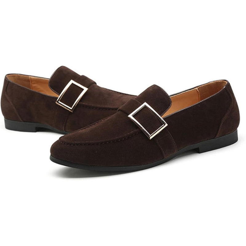 Brown suede loafers with polished buckle detail, cushioned footbed, slip-on professional style