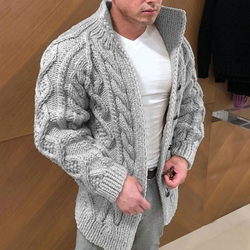 Men's thick cable knit cardigan button closure cozy winter essential warm relaxed smart-casual style