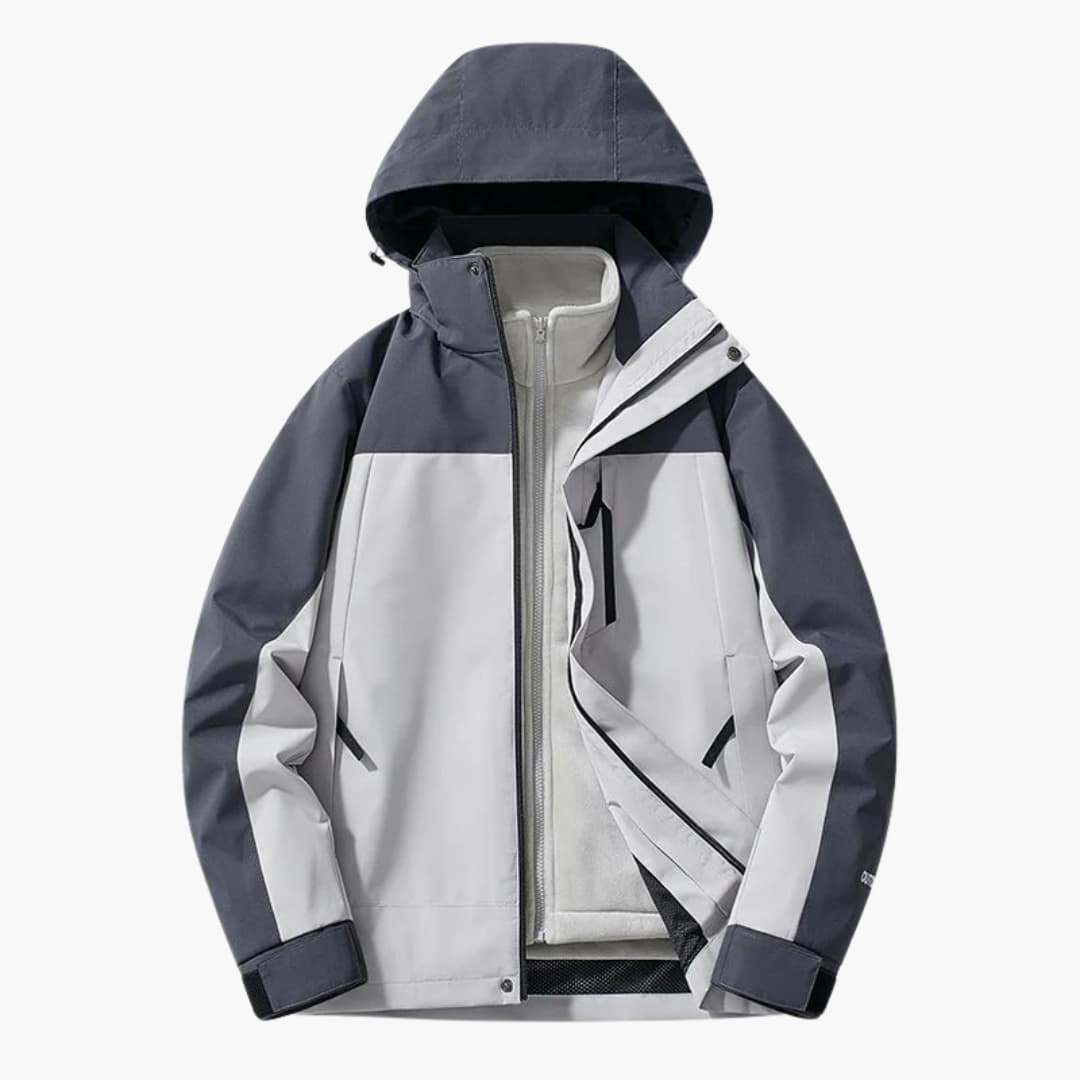 Unisex two-tone ski jacket with hood, full-length zipper pockets, all-weather outdoor performance