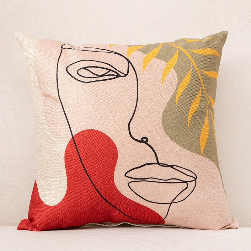 Abstract face line art polyester cushion cover, linen-like texture, bold colors for sofa chair bed decor