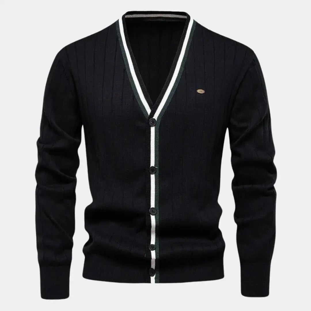 Ribbed knit button-up cardigan with contrasting trim, tailored silhouette for office wear