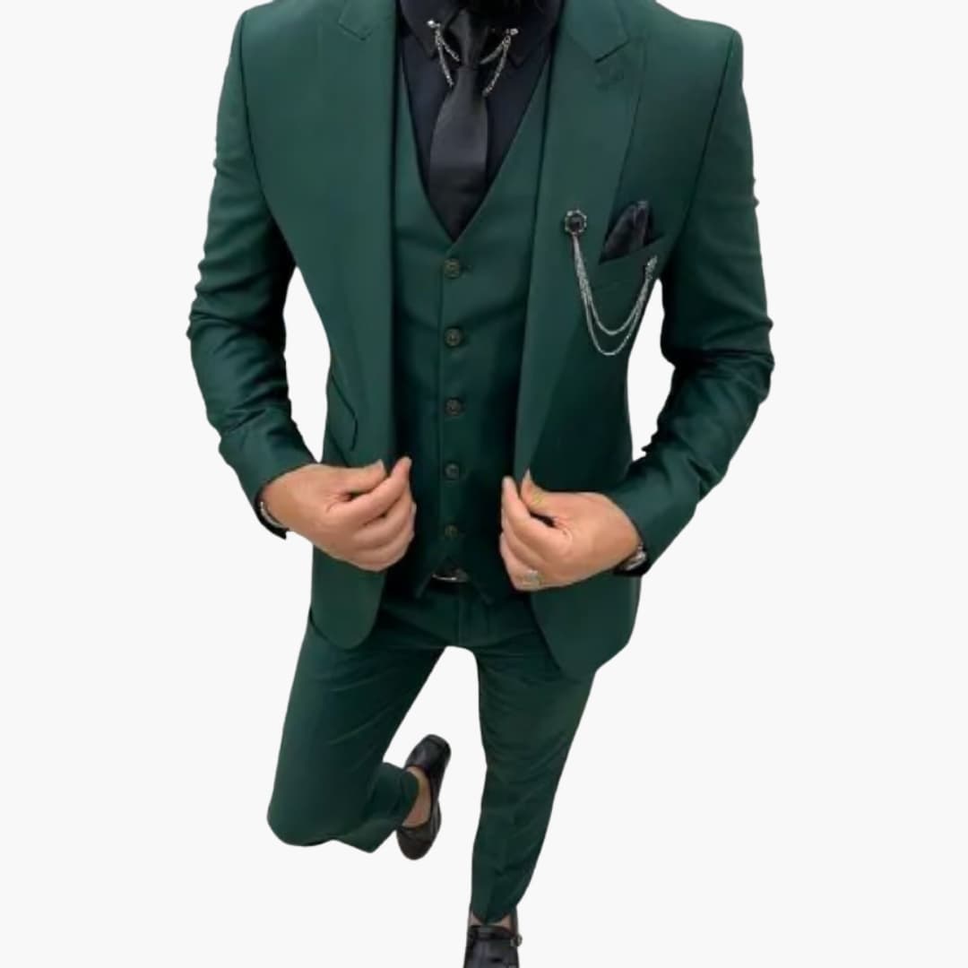 Slim fit three-piece men's suit in classic dark tone, tailored cut for weddings and formal events