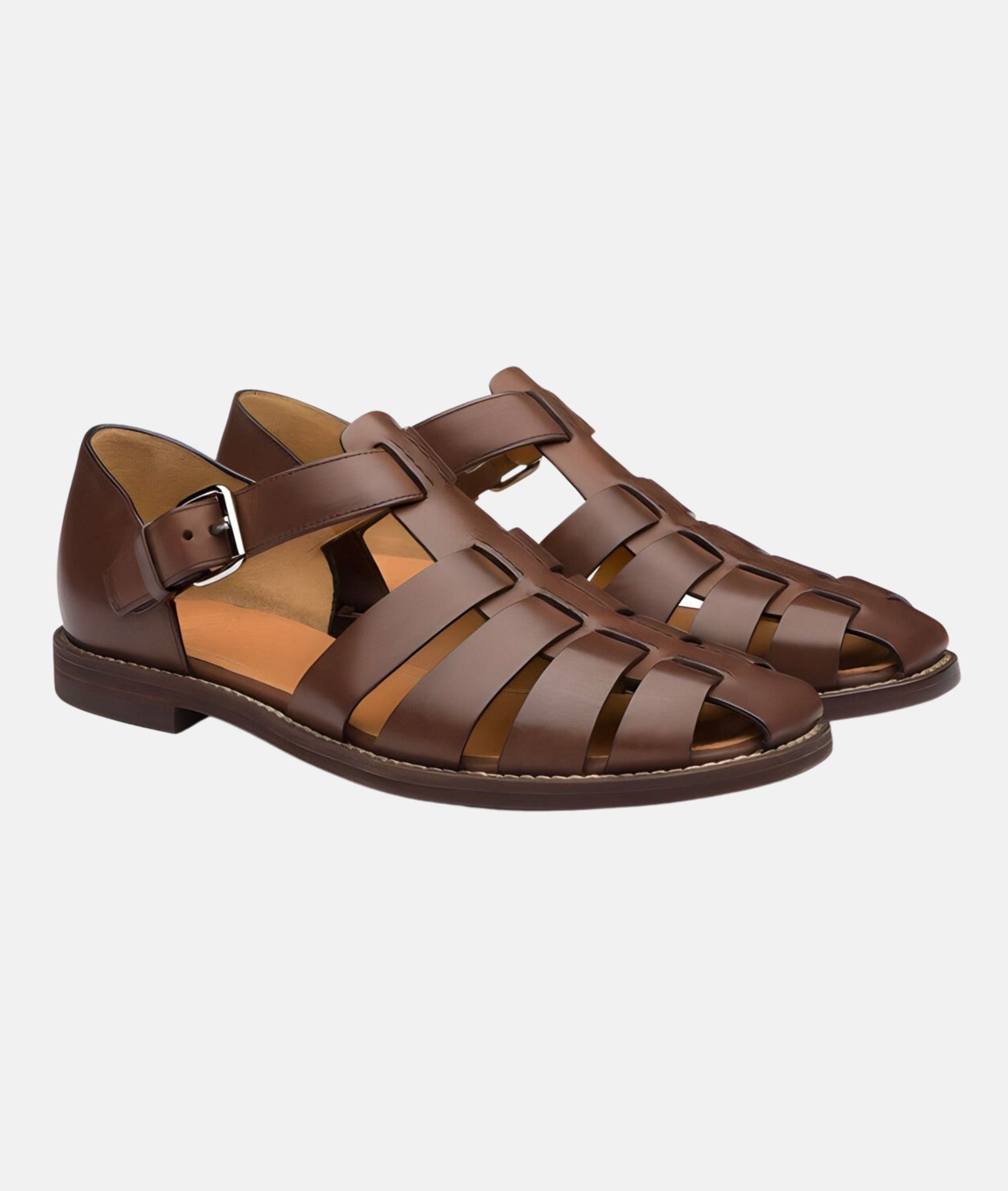 Men's brown leather closed-toe sandals with woven straps and side buckle for summer style