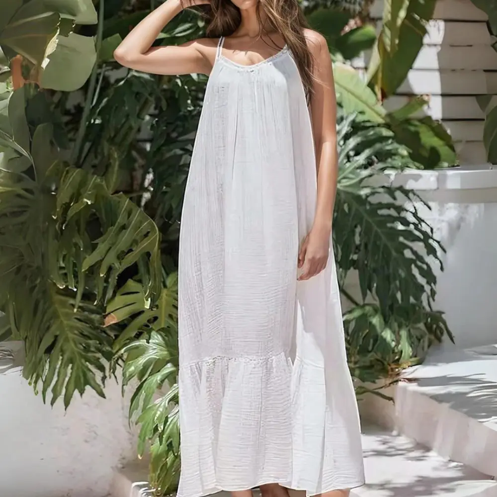 Georgina ruched muslin maxi dress sleeveless relaxed cotton summer style flattering silhouette