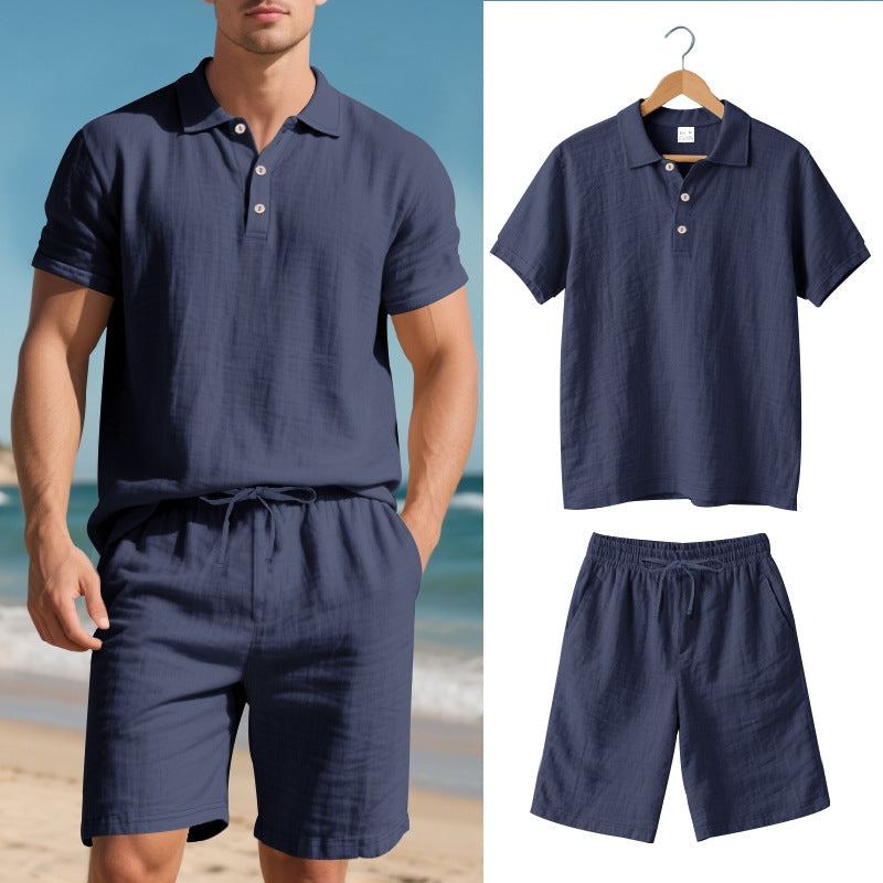 Men's linen polo two-piece set in neutral relaxed fit with adjustable drawstring waist