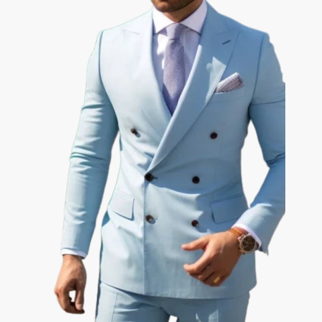 Men's navy double-breasted six-button suit slim-fit lightweight all-season professional two-piece