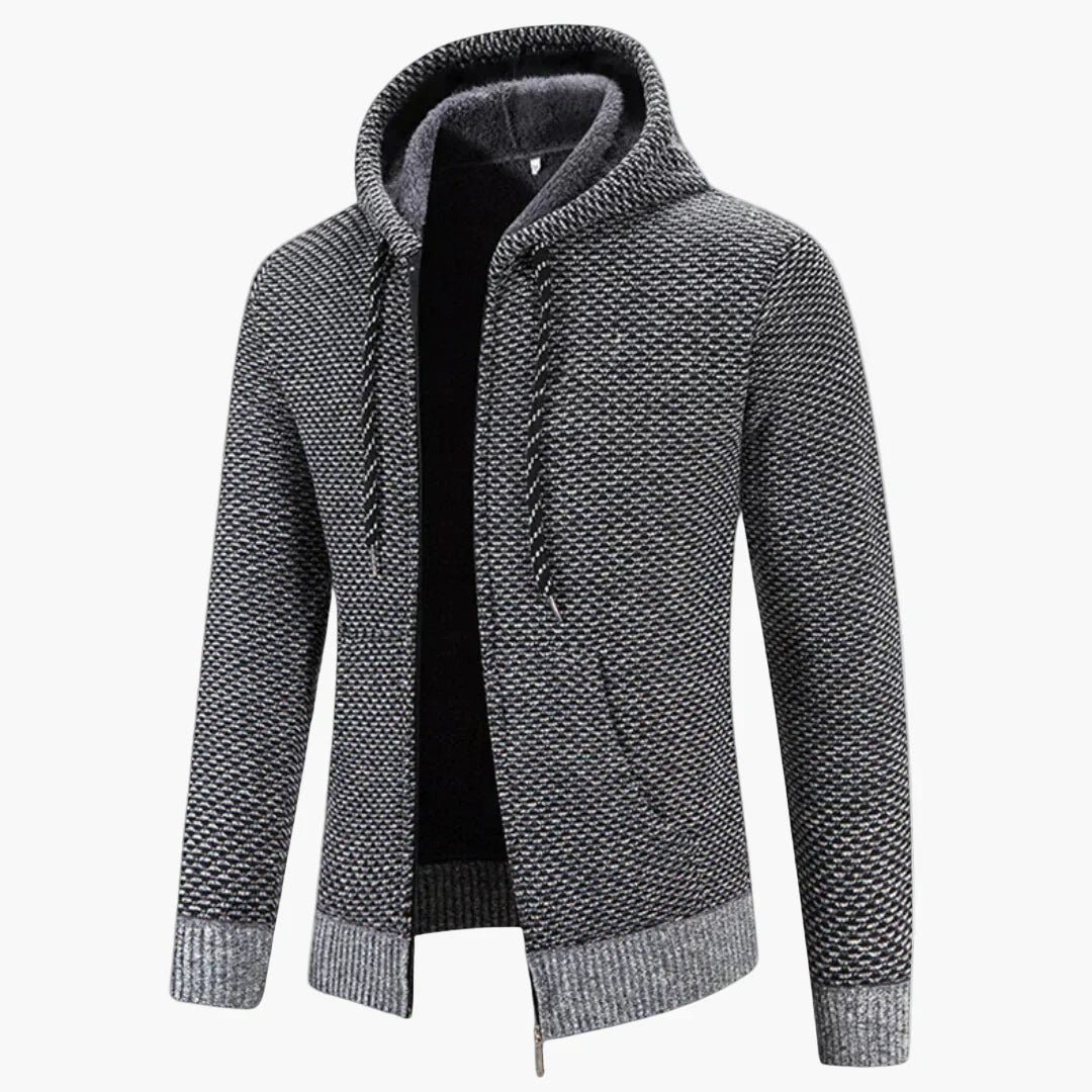 Men's gray knitted hooded zip-up jacket with warm lining, sporty hood, and modern casual fit