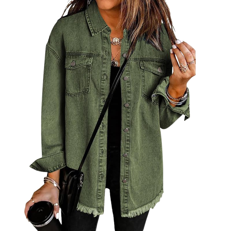 Women's oversized soft denim jacket with raw fringe trim and snap front closure in classic blue