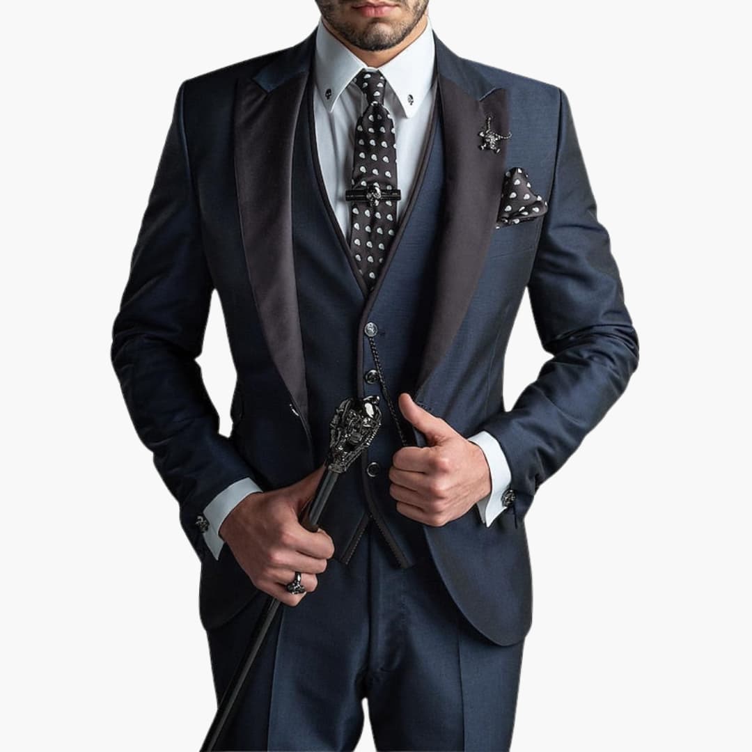 Men's black three-piece suit set with notched lapels, waistcoat, tailored trousers for formal occasions