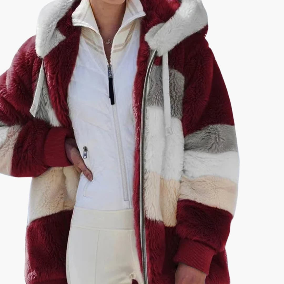 Women's zip-up hooded jacket striped texture casual everyday cozy fitted silhouette