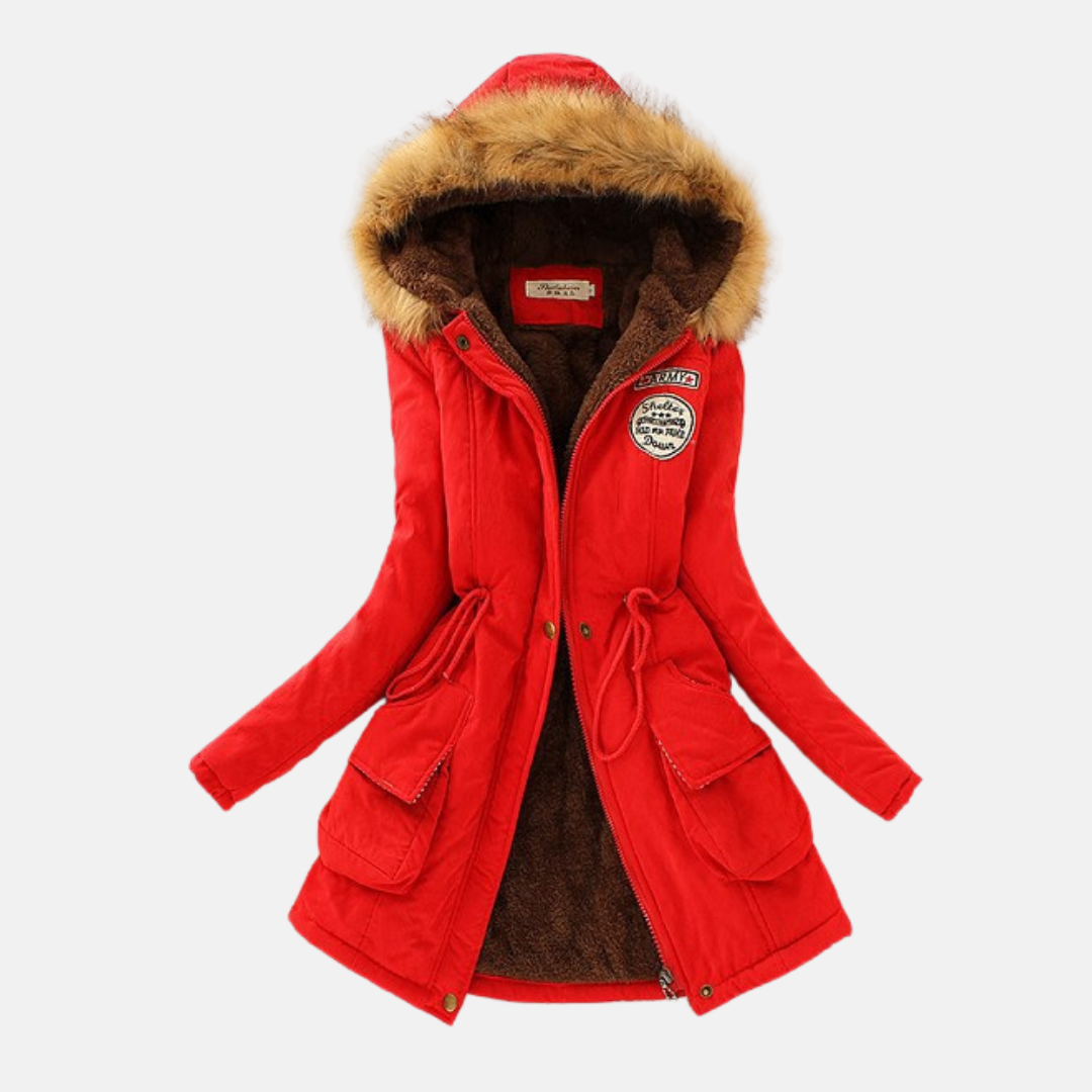 Women's tailored parka jacket fleece-lined with faux fur hood, zip closure, streamlined fit