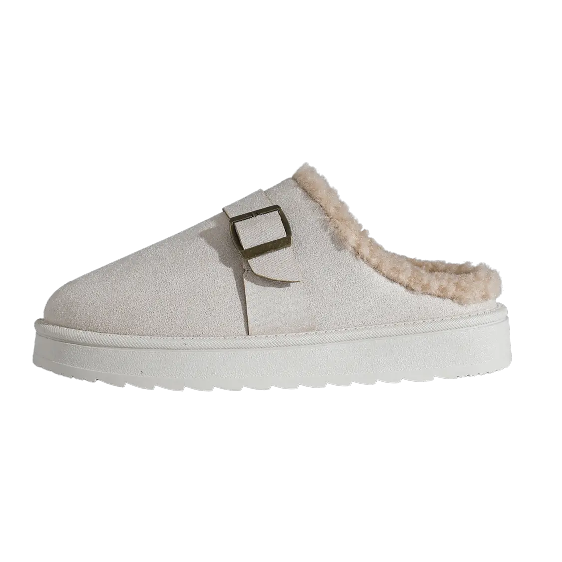 Women's beige fleece platform slipper clogs with plush lining and buckle detail by Urbann-Vibe