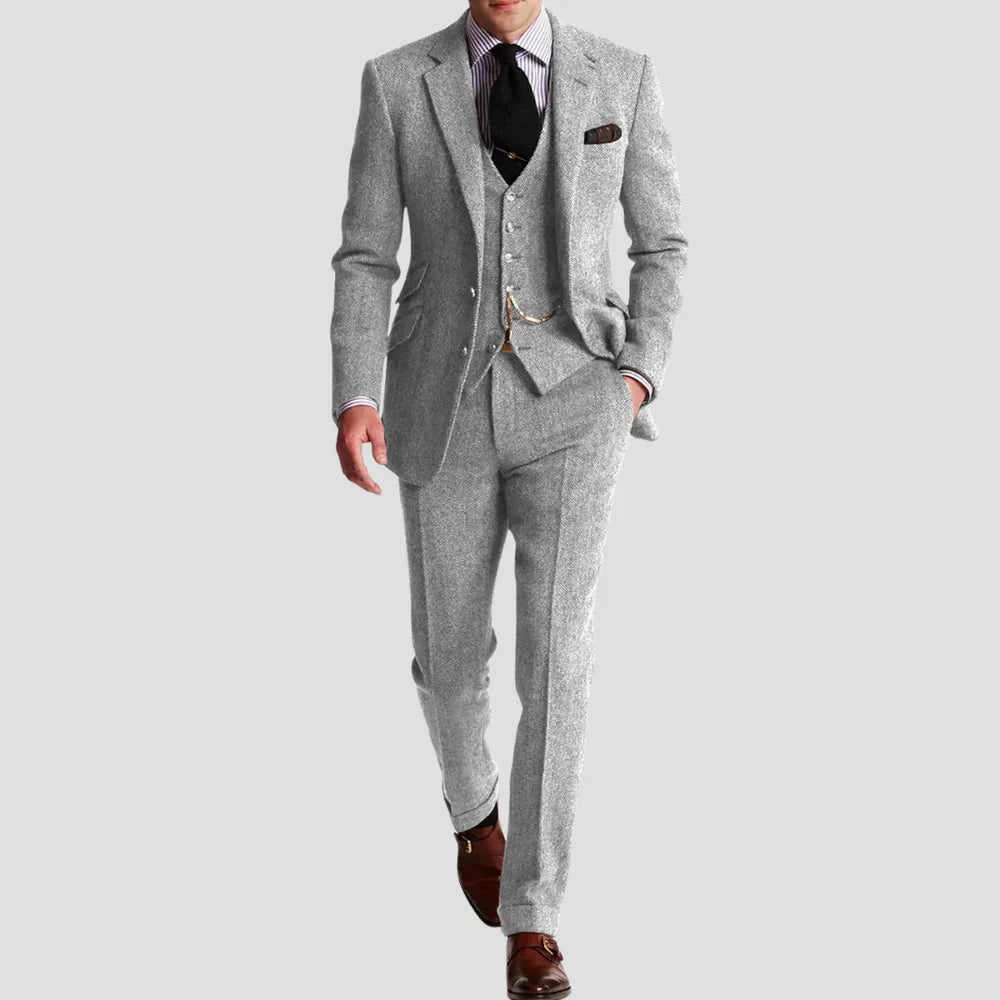 Men's vintage three-piece suit classic tailored blazer waistcoat trousers formal business style