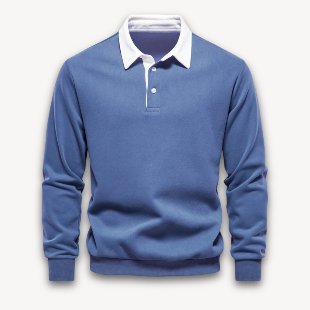 Navy regular fit long sleeve polo sweater soft cotton knit natural fiber smart-casual knitwear