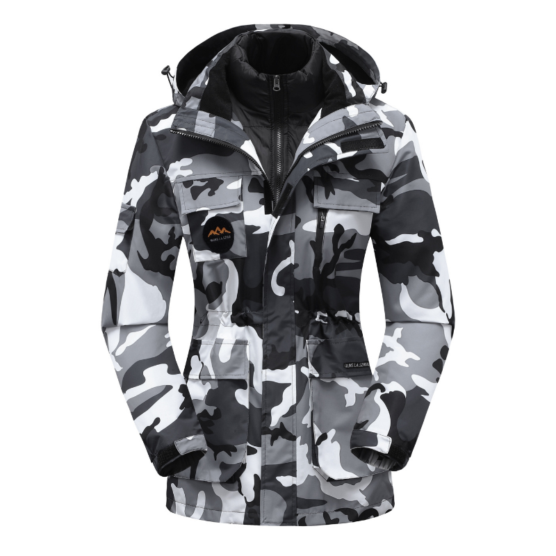 Women's olive utility ski jacket with structured silhouette and functional layering-friendly design