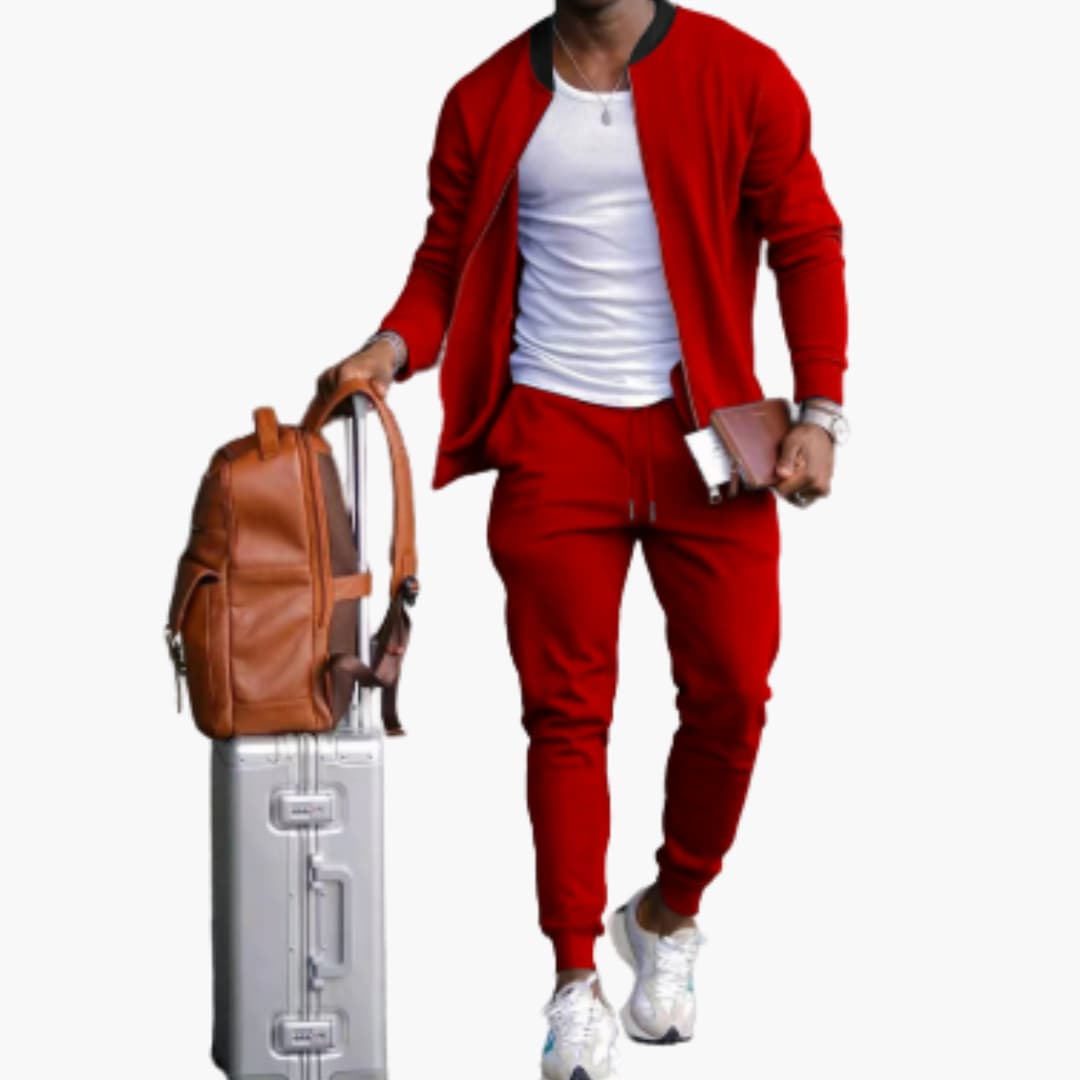 Men's textured zip jacket and tapered pants set in modern athleisure style with front zipper