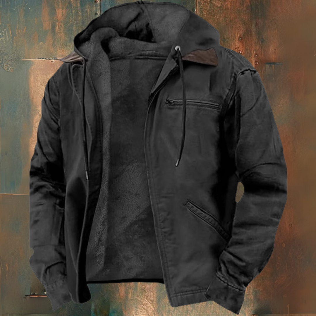 Men's winter hooded jacket black full zip soft-lined interior zippered chest pocket cold weather