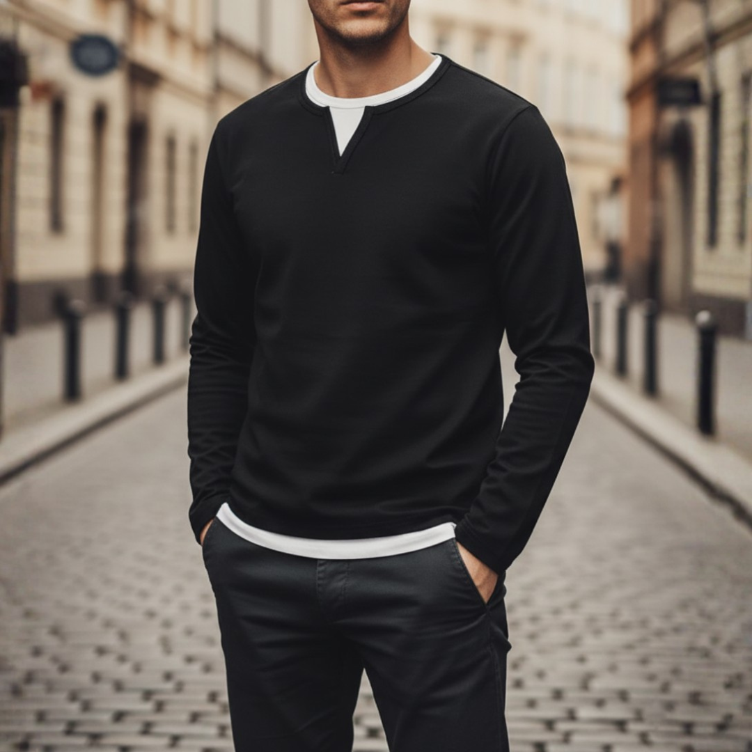Men's green V-neck sweatshirt long sleeve with contrast trim, casual comfort everyday staple