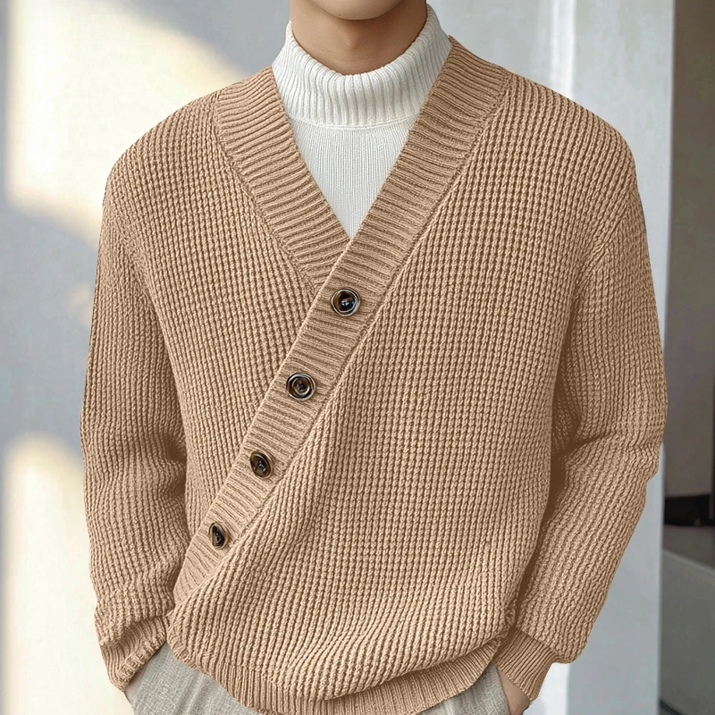 Richly textured knit cardigan with diagonal button closure, versatile everyday style