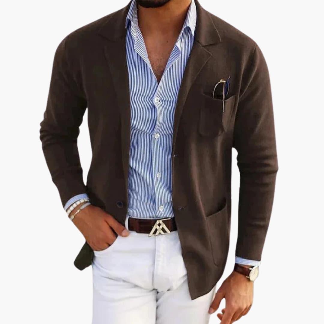 Men's navy knit blazer lapel collar slim fit center front closure smart casual office wear