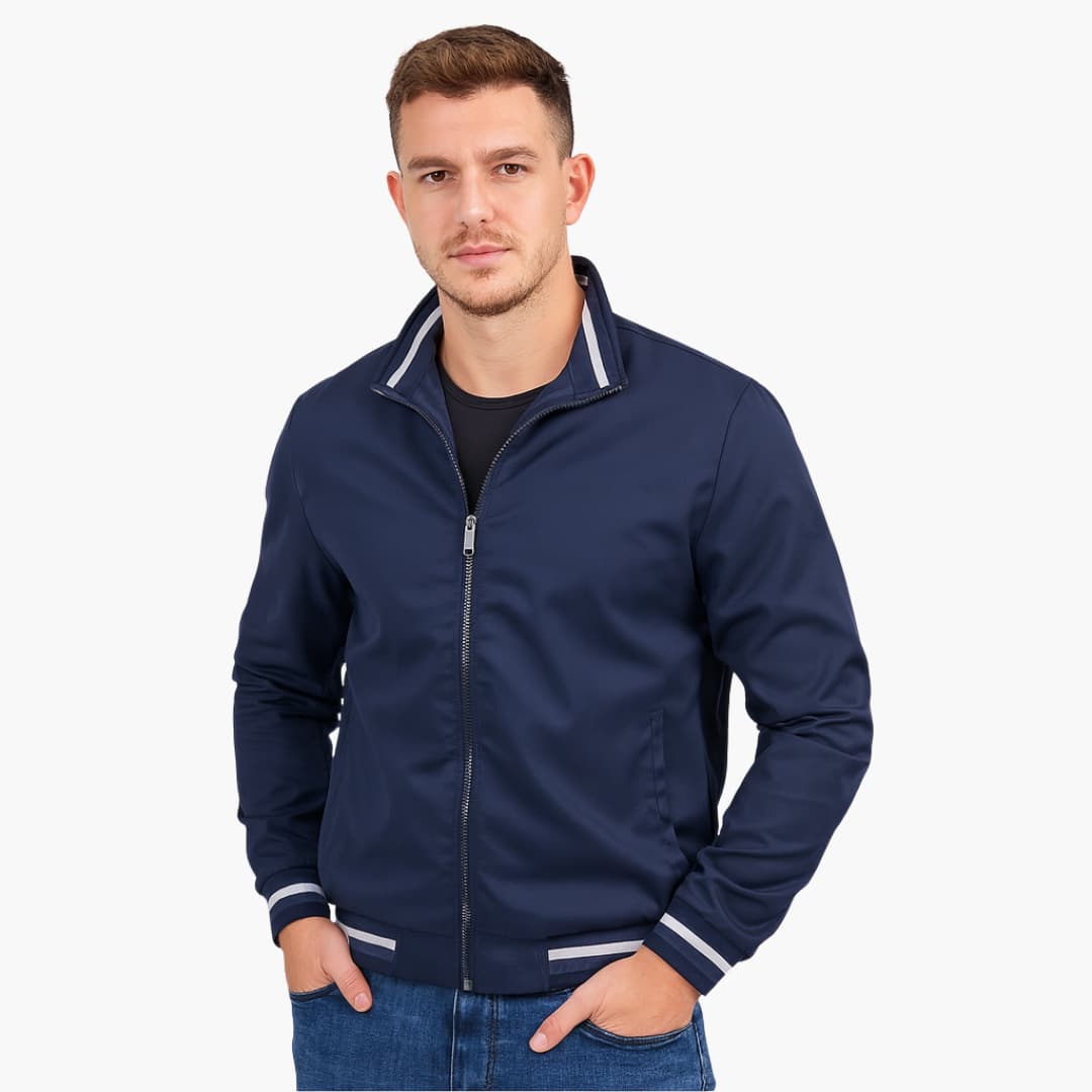 Men's bomber jacket with striped ribbed hem, stand-up collar, full-zip closure, casual everyday style