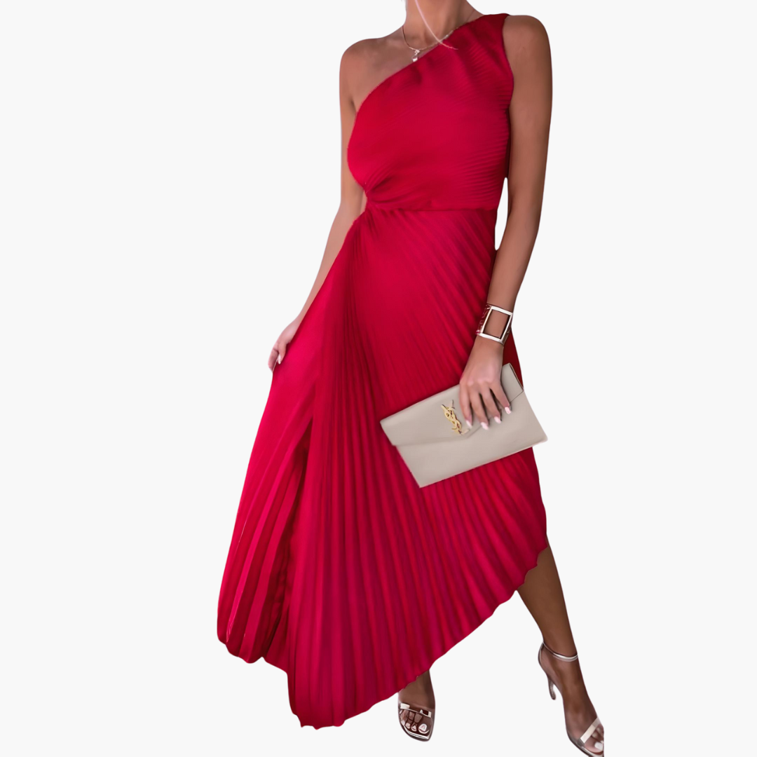 Women's burgundy one-shoulder ankle-length evening gown with elegant pleated skirt formal silhouette