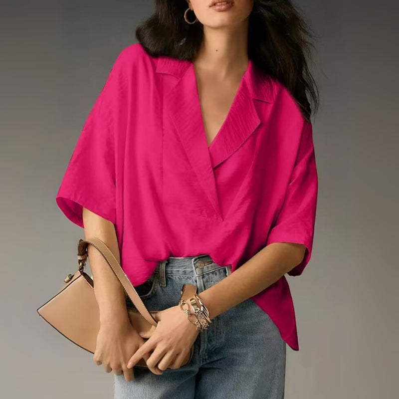 Women's lightweight white summer blouse relaxed fit with clean front overlap drape