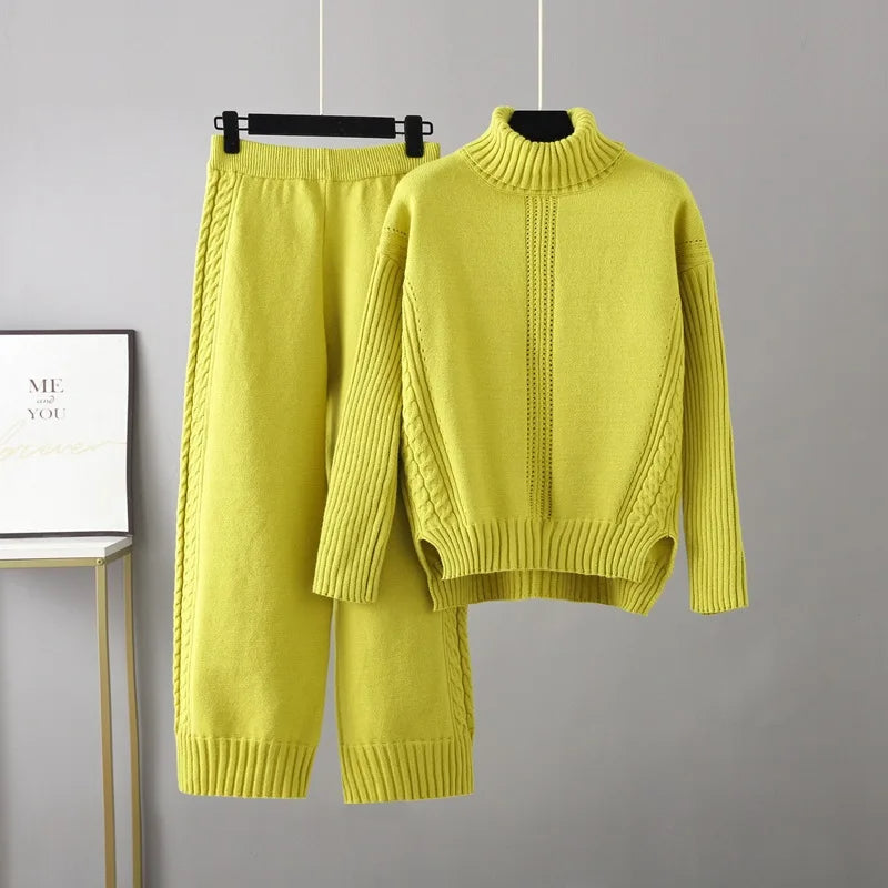 Vibrant cable knit co-ord set turtleneck sweater relaxed pants women two-piece knit ensemble