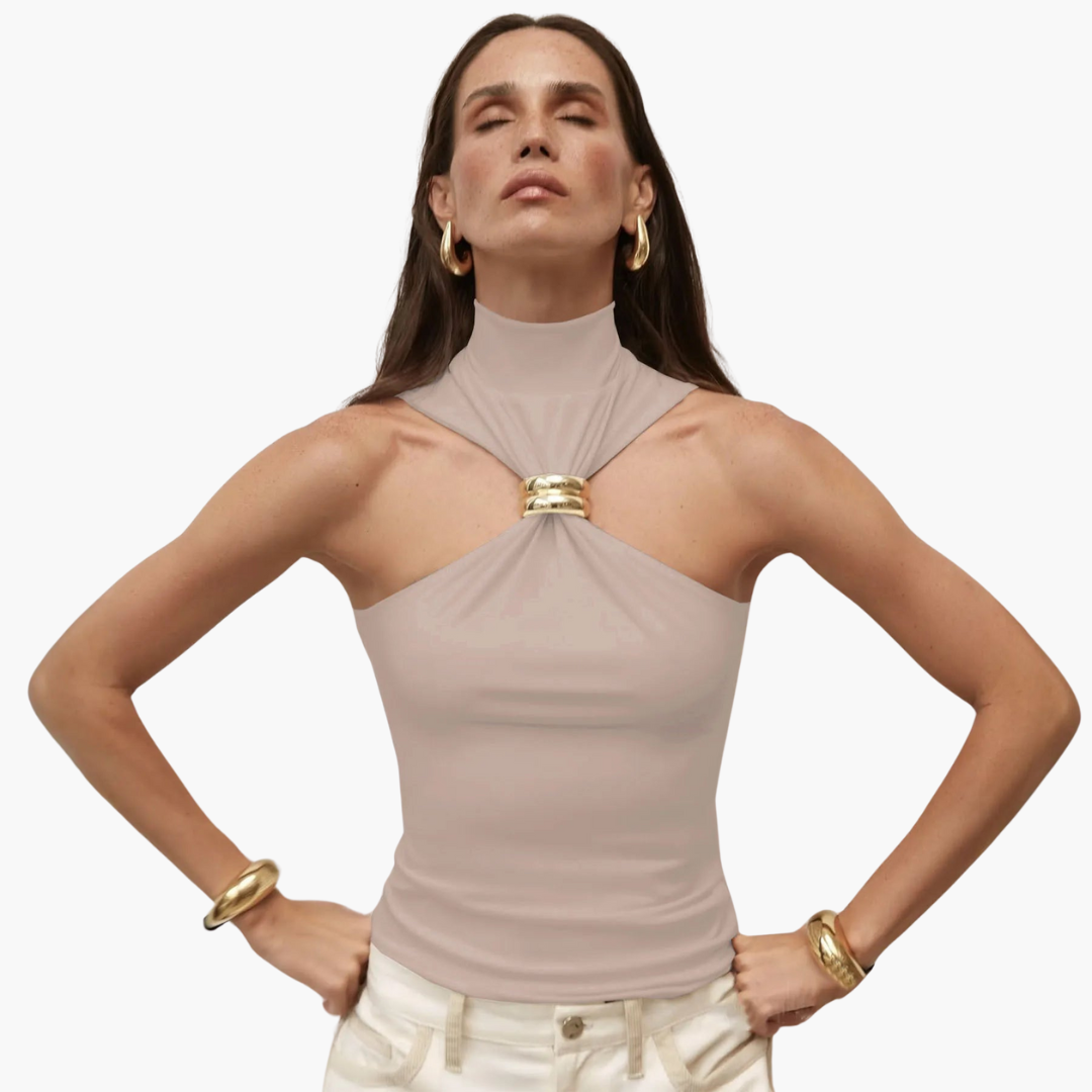Women's black high neck halter top with gold accent centerpiece, sleek evening statement style