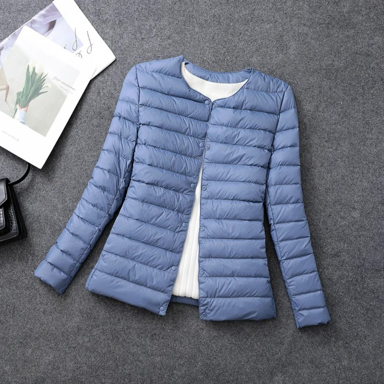 Women's quilted puffer jacket neutral tone button closure round neckline lightweight transitional layer