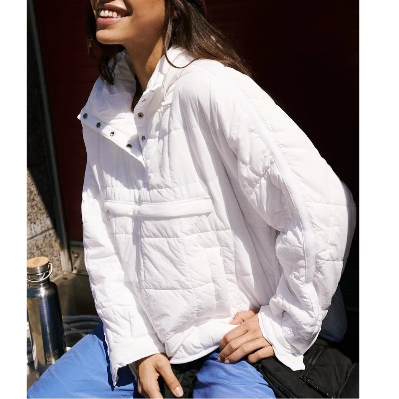 Lightweight hooded pullover puffer jacket with quilted insulation and water-resistant finish for outdoor use
