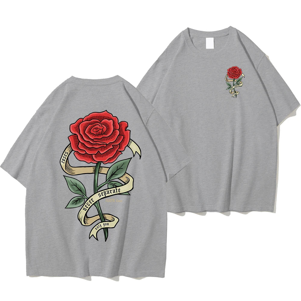 White cotton regular fit graphic tee with bold red rose banner back print for edgy casual style