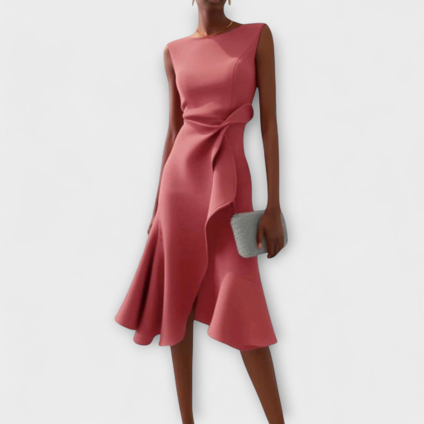 Sleeveless midi cocktail dress with fitted waist, asymmetric ruffle detail, and elegant sleeveless silhouette
