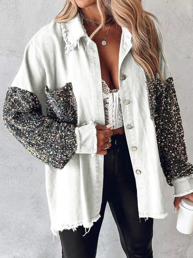 Women's blue sequined denim jacket with contrast sparkle detail, street style everyday outerwear